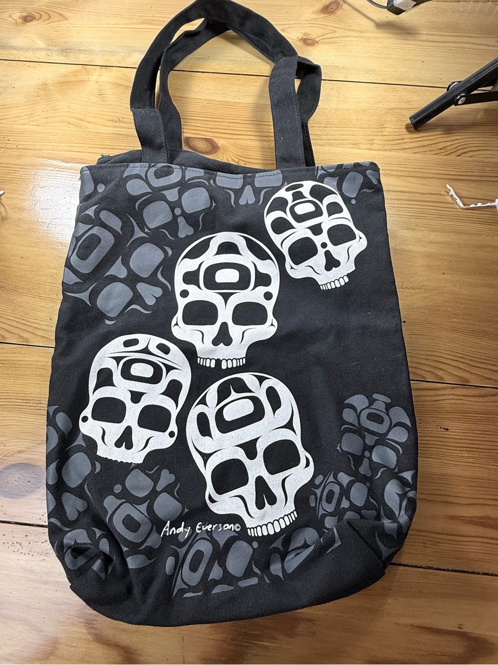 Andy Everson Coast Salish Indigenous Art Skull Canvas Tote Bag Black Oscardo
